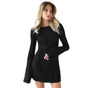 AOWVUTS Vestito Donna con Maniche Lunghe e Scollo Rotondo Sexy Mini Abito Elasticizzato Aderente Nero Elegante Corto per Discoteca, Sera e Cocktail Party