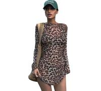 AOWVUTS Vestito Donna Corto Maniche Lunghe Mini Abito Sexy Leopardato Aderente Abiti Casual Bodycon Dress Vestito Girocollo da Sera Discoteca Cocktail Party Tubino Autunno Inverno