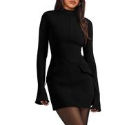 AOWVUTS Vestito Donna Elegante Manica Lunga Mini Abito da Sera Sexy Aderente Girocollo Bodycon Vestiti Corto de Discoteca Cocktail Party Business Tubino Autunno Inverno