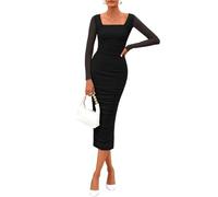 AOWVUTS Vestito Donna Elegante Maniche Lunghe Abiti Midi con Colletto Quadrato Aderente Abito da Sera Lungo Ruched Tubino Abito da Ufficio Formale per Cocktail Party Festa Autunno Inverno