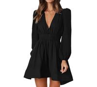 AOWVUTS Vestito Donna Manica Lunga Mini Abito Elegante Scollo a V Casual Vestito Corto Swing in Linea A Vita Alta Moda Vestitino Maniche Lanterne Solido per Cocktail Festa Discoteca Sera
