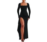 AOWVUTS Vestito Donna Maniche Lunghe Sexy Abito Lungo con Scollo Quadrato Maxi Vestito Elegante Spacco Bodycon Vestiti Aderente da Cerimonia per Festa Discoteca Cocktail Party Banchetto Autunno