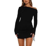 AOWVUTS Vestito Donna Maniche Lunghe Sexy Mini Abito Monospalla Aderente Casual Abiti Corto da Sera Bodycon con Spacco Coulisse per Festa Discoteca Cocktail Ballo Elegante Tubino Autunno Inverno