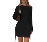 AOWVUTS Vestito Donna Maniche Lunghe Sexy Mini Abito Monospalla Aderente Casual Abiti Corto da Sera Bodycon con Spacco Coulisse per Festa Discoteca Cocktail Ballo Elegante Tubino Autunno Inverno