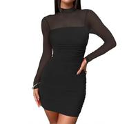 AOWVUTS Vestito Donna Sexy Maniche Lunghe Mini Abito Elasticizzato Aderente Bodycon Vestito Corto Wrap Trasparente Collo Alto Elegante Vestiti de Discoteca Sera Festa Cocktail Party Tubino Autunno