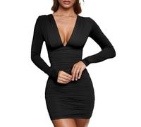 AOWVUTS Vestito Donna Sexy Maniche Lunghe Mini Abito Elegante da Sera Scollo a V Abito Aderente Casual Vestito Corto Nero Ruched Vestiti de Discoteca Cocktail Party Vestiti Tubino Autunno Inverno