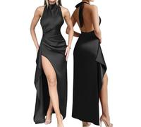AOWVUTS Vestito Lungo Donna Abito Maxi con Scollo Halter Senza Schienale Seta Elegante Vestiti da Cerimonia Senza Maniche Spacco Sexy Abito da Sera Festa Cocktail Banchetto Party Club