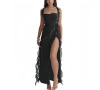 AOWVUTS Vestito Lungo Donna Sexy Vestito Senza Maniche Maxi Abito Senza Schienale Bodycon Abito Elegante Orlo a Volant con Spacco Abiti da Cerimonia Aderente per Discoteca Festa Cocktail Sera