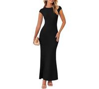 AOWVUTS Vestito Lungo Donna Vestiti Sexy a Maniche Corte Aderente Maxi Vestito Girocollo Scollo Eleganti Abito da Sera Bodycon Abiti Estivi per Festa Discoteca Cocktail Club