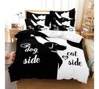 AOXHFNV Set biancheria da letto della serie in bianco e nero Dog Side and Cat Side con copripiumino a coppia, biancheria da letto nera e bianca per letto matrimoniale (Dog Cat Side, 220×240cm)