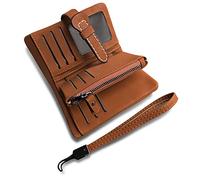 AOXONEL Portafoglio da donna in pelle bifold con blocco RFID da polso da donna con porta carte d'identità finestra portamonete (marrone scuro)