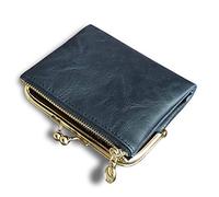 AOXONEL Portafoglio da donna piccolo Rfid da donna compatto in pelle a due piazze vintage con cerniera e blocco bacio, Blu, Small, Portafoglio RFID