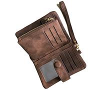 AOXONEL Women's Small Bifold Leather wallet Rfid blocking Ladies Wristlet with Card holder id window Coin Purse (Brown)