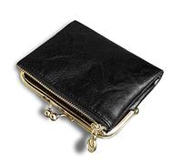 AOXONEL Womens Wallet Small Rfid Ladies Compact Bifold Leather Vintage Coin Purse With Zipper and Kiss Lock (Black)