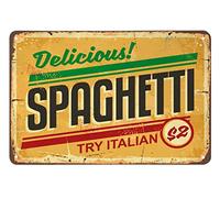 AOYEGO Targa in latta con spaghetti e scritta in lingua inglese Try Italian Delicious Food Restaurant, in metallo, stile vintage, per caffè, bar, pub, negozi, cartelli divertenti per uomini e