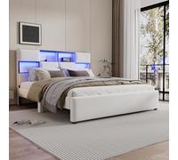 AOZBZ Letto imbottito 160 x 200 cm, con prese e illuminazione a LED, letto matrimoniale con testiera e spazio di archiviazione idraulico, struttura del letto con rete a doghe, letto per ragazzi (senza