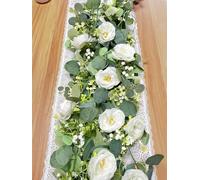 Aoztio 4 Pezzi Ghirlanda Floreale Artificiale 1.8 m, Ghirlanda di Eucalipto e Rose Bianche Artificiali, Fiori Artificiali per Decorazioni Domestiche, Tavoli, Giardini, Matrimoni e Feste