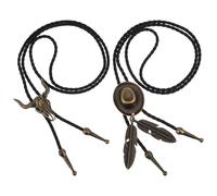 AOZUO 2 pezzi cravatta bolo, Cravatta da cowboy e cowgirl western, vintage, in pelle, fatta a mano, con cappello, collana, ciondolo, piuma, per uomo e donna (marrone)