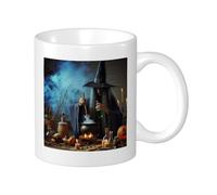 Apaartment - Set di 1 tazza con stampa magica con pozione magica, bottiglia di vetro, con teschio di fuoco, zucca, in ceramica, colore: blu e arancione, per dispensa