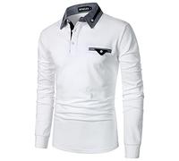 APAELEA Polo da Uomo a Manica Lunga Contrasto Formale Cotone Magliette Tennis Golf T-Shirt,Bianco,XXL