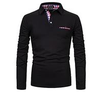 APAELEA Polo da Uomo a Manica Lunga Cotone Reticolo Cuciture Casuale Basic Golf Camicie Tops,Nero,L