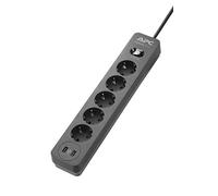 APC Surge Protector PME5U2B-GR Ciabatta elettrica con Protezione da Sovratensione, Spina Schuko a 5 Ingressi, Commutabile, 2 Uscite USB, Nero