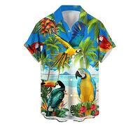 ApCuYf Camicia da uomo a maniche corte con bottoni, colletto con stampa astratta, casual, da spiaggia, Pappagallo Blu, S