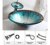 APENCHREN Lavabo da Appoggio,Lavandino in Vetro Blu E Oro,Lavandino del Bacino di Vetro Temperato del Controsoffitto del Bagno,Coppa in Vetro Temperato Montata,B