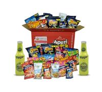 Aperisnack® - AP18.001.26 Aperibox Classic 32 pezzi con 2 Hugo da 20cl - Scatola regalo con Snack salati, patatine e frutta secca, per aperitivo fai da te o gadget compleanno adulti