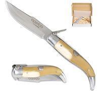 Aperlab, Coltello Albacete, fatto a mano realizzato a mano, lama in acciaio inox e cassette in corno di toro autentico, pieghevole e sicuro in modo che non si chiuda da solo. (lama da 8,5 cm)