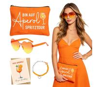 Apero Costume da Apero Spritz da donna, per feste estive, cosplay | Aperol - Set regalo con astuccio per cosmetici, biglietto di auguri, braccialetto di perle colorate, occhiali da sole retrò