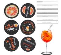 Aperol - Set regalo con 6 sottobicchieri in feltro e 6 cannucce in vetro, accessori per aperitivo riutilizzabili con spazzola per la pulizia, decorazione da tavolo per fan e feste estive (nero)
