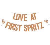Aperol Spritz - Striscione con scritta "Love at First Spritz", per addio al nubilato, fidanzamento, matrimonio, festa di compleanno, con glitter arancione su entrambi i lati