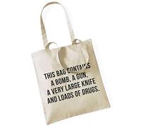 ApeWear THIS BORSA CONTAINS A BOMB, A GUN, A VERY LARGE KNIFE AND LOADS OF DRUGS. / Sacchetto di stoffa di iuta Tote Bag/Beige, beige., 37cm x 41cm