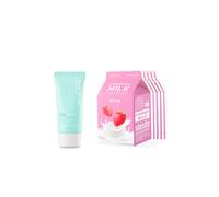 A'PIEU - Milk One Pack Sheet Mask - Strawberry - 5pcs + Pure Block Aqua Sun Gel SPF50+ P 1ea) Set