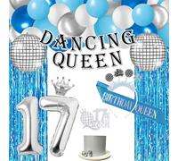 APINWIN Decorazioni per feste di compleanno con regina danzante blu e argento per ragazze e donne, Mama Opera Mia Dancing Queen Banner, tende orpelli, corona 17° diadema da discoteca/fascia/topper per