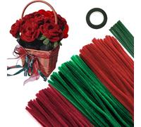 APKOL 300 pezzi Scovolini Ciniglia Colorati per Lavoretti in Due tipi di rosso + verde Pipe Cleaner con Stelo Filo Floreale e Nastro Floreale di DIY Carta per Rosa Fai da Te Decorativi Artigianato