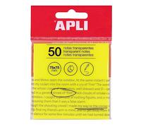 APLI 19569 - Note adesive trasparenti, 75 x 75 mm, colore: giallo, 50 fogli traslucidi resistenti all'acqua, ideali per studenti e insegnanti.