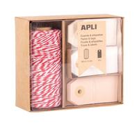 APLI 19845 - Gift Box: corda rossa e bianca con etichette in 3 colori assortiti, set bobina cotone con 30 etichette regalo pendenti