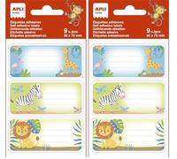 APLI Kids - 19018, Etichette per la scuola, modello savana, ideali per contrassegnare libri e oggetti, 3 disegni diversi, 9 etichette (Confezione da 2)