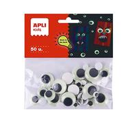 APLI Kids 19368 - Borsa con 50 occhi mobili rotondi adesivi Glow in the dark, materiale artigianale che brilla al buio, occhi fai da te fluorescenti.