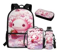 Aplkyhs Zaini per bambini con portapranzo, astuccio porta bottiglia d'acqua, confezione da 4 pezzi, borsa termica per il pranzo, Axolotl Rosa Fragola, Taglia unica, Zaini Daypack