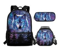 Aplkyhs Zaino con portapranzo astuccio per matite per bambini dai 6 ai 12 anni, borsa per la scuola elementare, borsa per il pranzo, astuccio per matite, Lupo Cielo Stellato, Taglia unica, Zaini