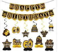 APLOS Set di decorazioni per 60° compleanno, colore: nero e oro, per uomini | Set di decorazioni per 60° compleanno con striscione di compleanno, bandiere triangolari, vortici appesi