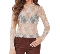 APLudoo Camicetta aderente in rete trasparente per le donne a maniche lunghe con collo a lupetto T-shirt trasparente con pizzo floreale con volant top top in pizzo trasparente, Champagne, M