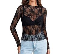 APLudoo Camicetta aderente in rete trasparente per le donne a maniche lunghe con collo a lupetto T-shirt trasparente con pizzo floreale con volant top top in pizzo trasparente, Nero , L
