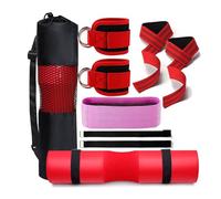 APLVFFZH 9 Pezzi Set da Allenamento con Cuscinetto Bilanciere Cinghie Caviglie Fasce Sollevamento E Fascia in Lattice Stabile E Sicuro Adatto per Squat E Hip, Rosso