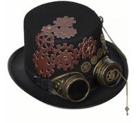 APLVFFZH Cappello Gotico Steampunk Cilindrico Accessorio Travestimento Elegante Decorazione Ingranaggi Applique Metallo Lana E Feltro con Occhiali E Catena, Nero, Circonferenza Della Testa 58-59cm