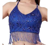 APLVFFZH Top Crop Belly Dance con Paillettes E Ricami Crop Regolabile con Doppia Allacciatura Materiale Soft Poliestere Adatto per Esibizione Party Cl, Blu Scuro
