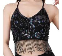 APLVFFZH Top Crop Belly Dance con Paillettes E Ricami Crop Regolabile con Doppia Allacciatura Materiale Soft Poliestere Adatto per Esibizione Party Cl, Nero